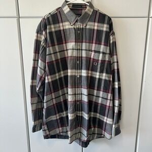 Siegfried Mens XLT Plaid Button Down Shirt Grey Burgundy Cotton Long Sleeve Tall